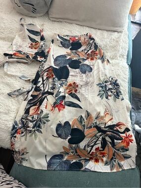 Floral A-Line Skirt and Matching Crop Top Set — white with Navy & Coral Print